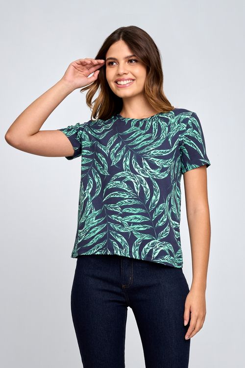 Blusa Feminina em Viscolycra Folhagem Verde e Azul