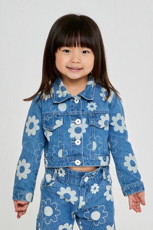 Jaqueta Infantil Floral Jeans Médio Tam 1 a 3