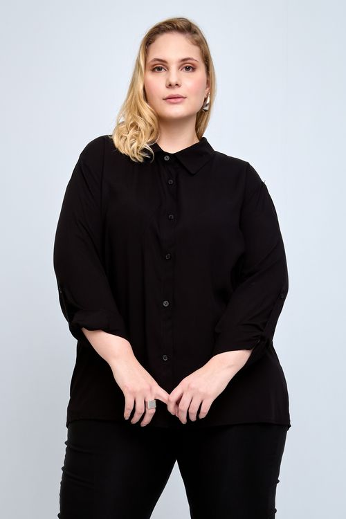 Camisa Feita Pra Mim Feminina Manga Longa Preta. Modelo Plus Size.