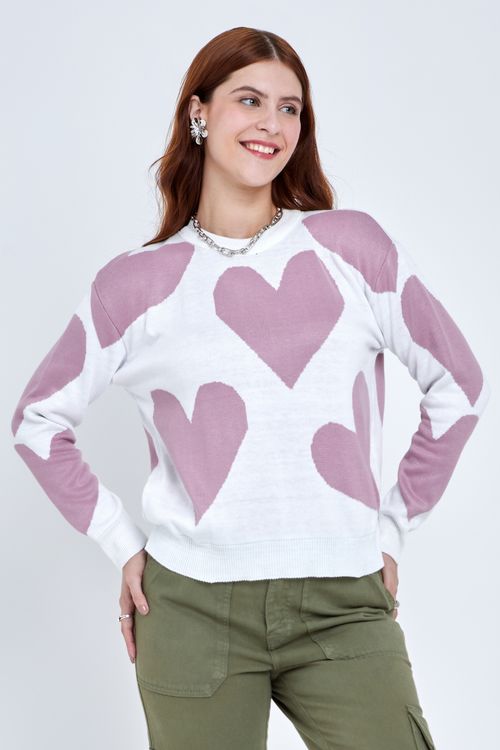 Suéter Tricot Feminino Corações Estampados