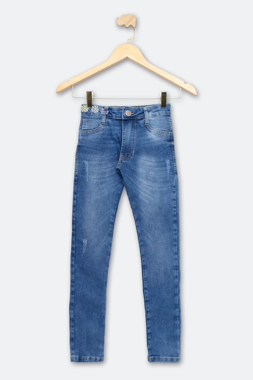 Calça Infantil Skinny com Bordado - Jeans Marmorizado - Tamanho 10 a 16 anos