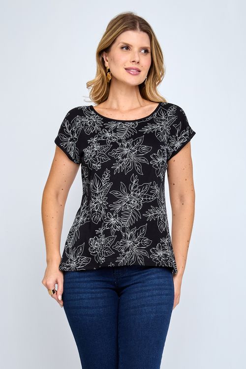 Blusa Feminina Folhagem Preta