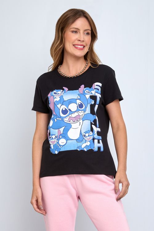 Camiseta fem prom lic stitch anime preto preto