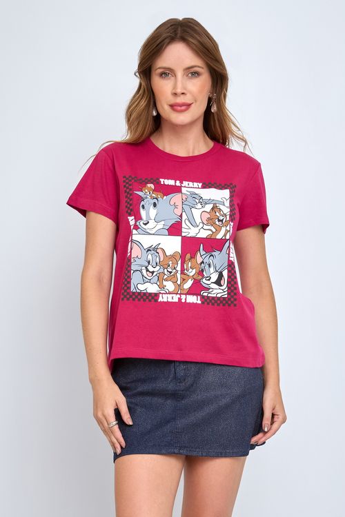 Camiseta fem prom lic tomejerry quadros rosa escuro
