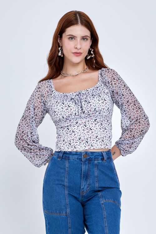 Top fem rom ml esmp floral tule estampado