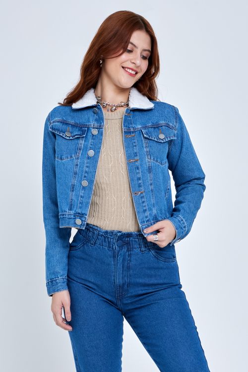 Jaqueta Jeans Feminina com Pelo Azul Claro