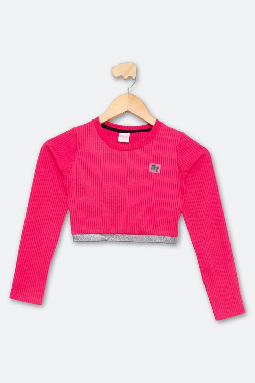 Blusa Cropped Infantil Menina Pink Vibrante Canelada Barra Prateada