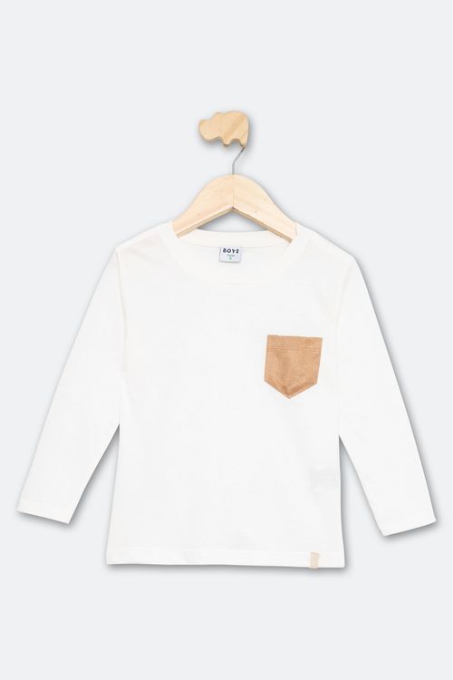 Camiseta Infantil de 1 a 3 Anos Manga Longa com Bolso Camurça Branco