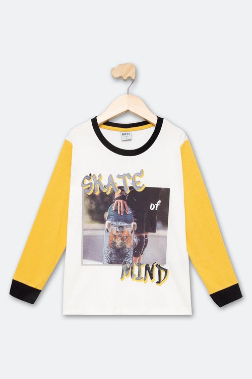 Camiseta Infantil Skate Branca e Amarela Tam 4 a 8
