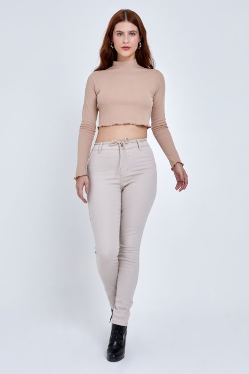 Calça Feminina Casual Sarja Cigarrete com Cadarço Areia