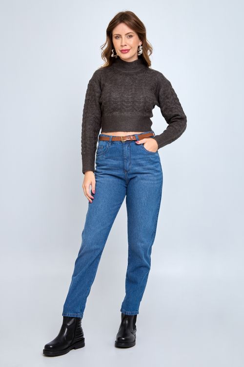 Calca fem mom js 156490 cinto caramelo jeans azul medio