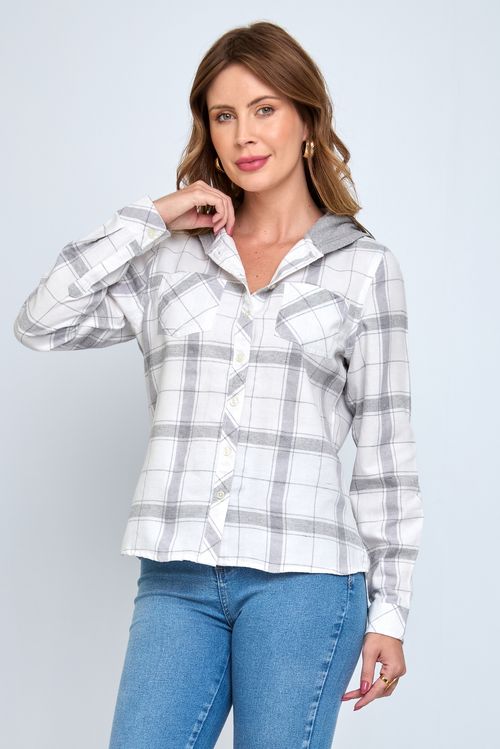 Camisa Flanelada com Capuz Xadrez Branca