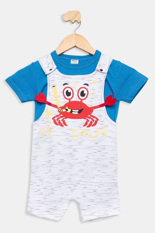 Conjunto Infantil Camiseta e Jardineira Caranguejo Azul e Branco Tam 1 a 3