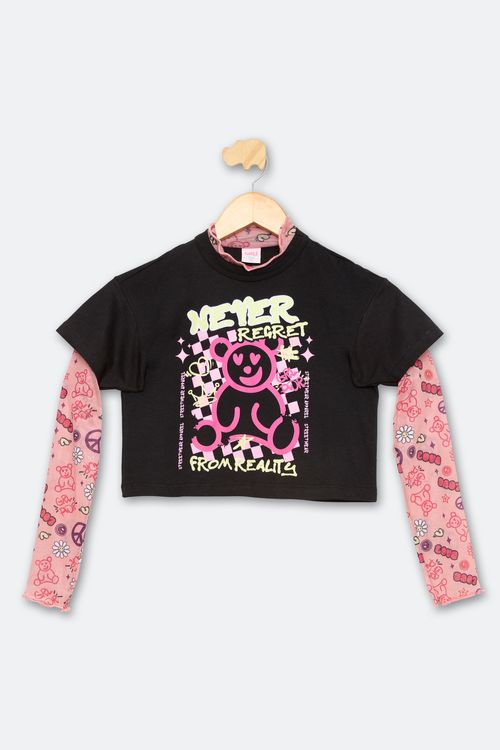 Blusa Juvenil Meninas Urso Tule Preta e Rosa Tam 10 a 16