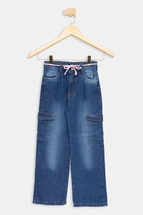 Calça Infantil Cargo Wide Leg Jeans Escuro Tam 4 a 8