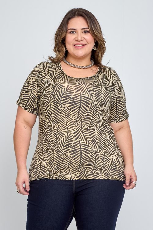 Blusa Feminina em Viscolycra Feita Pra Mim Folhas Bege