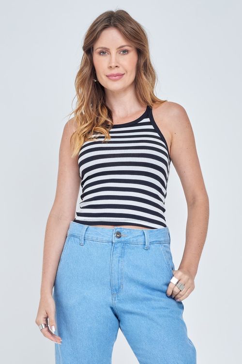 Top Feminino Fashion Ribana Listrado Preto