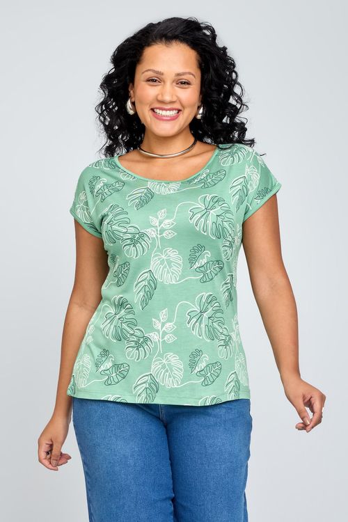 Blusa Feminina Casual em Viscose Folhagem Verde