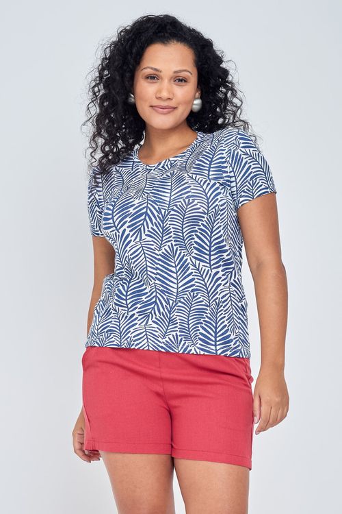 Blusa Feminina em Viscolycra Folhas Azul e Branco