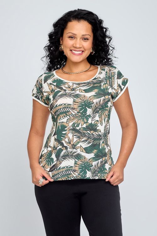 Blusa Feminina Casual em Viscose Folhagem Verde e Branca