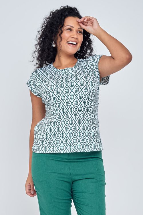 Blusa Feminina Casual Estampada Azul e Branco