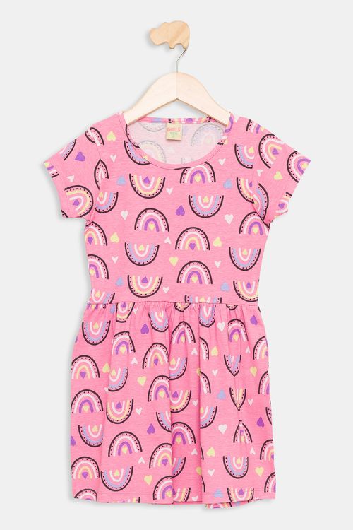 Vestido Infantil Arco-Íris Rosa Neon Tam 4 a 8