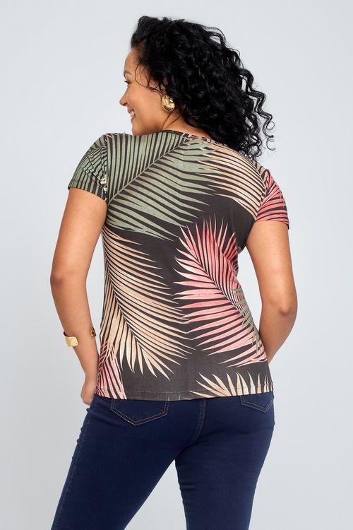 Blusa Feminina em Viscose Folhagem Preta
