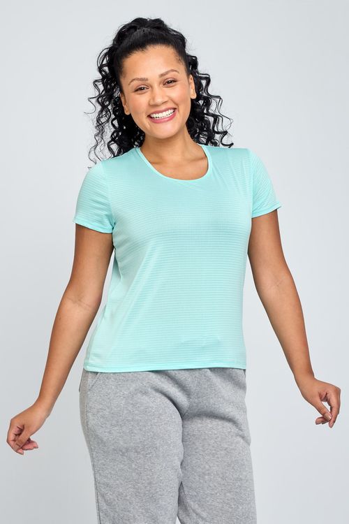 Top Feminino Caedu Quadradinho Azul Manga Curta