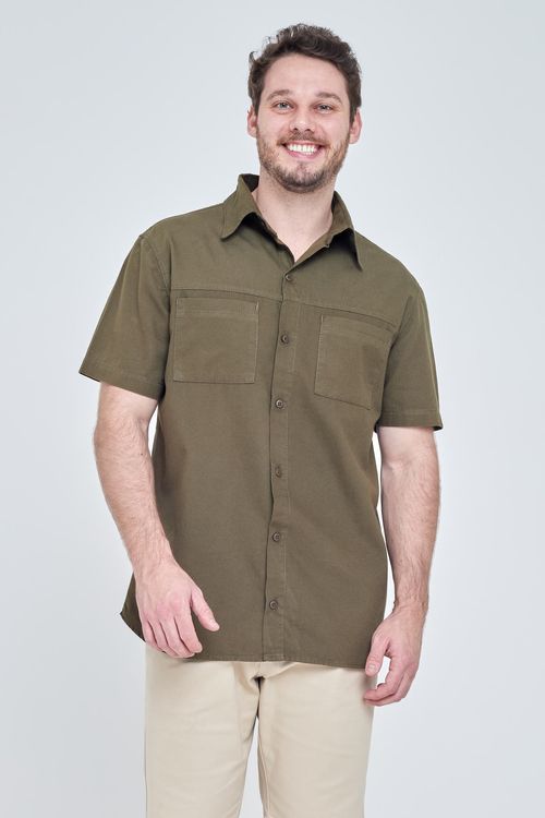 Camisa Masculina em Sarja com Bolsos Verde Escuro