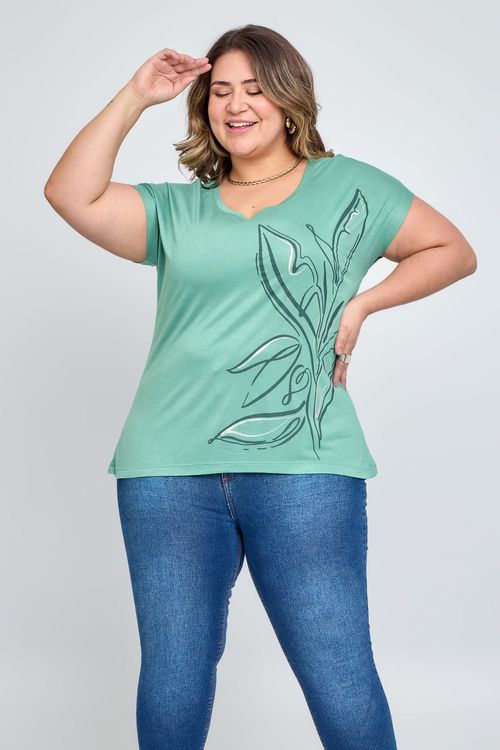 Blusa Feminina em Viscolycra Feita Pra Mim Folhas Verde
