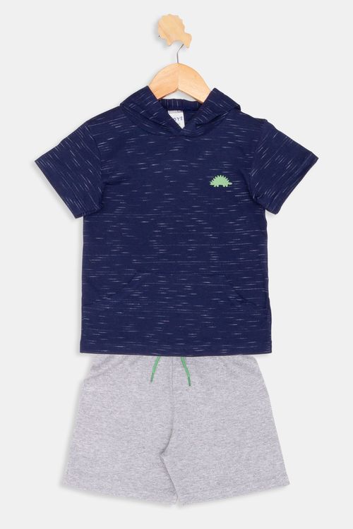 Conjunto Infantil Camiseta com Touca e Shorts Dino Azul Escuro Tam 1 a 3