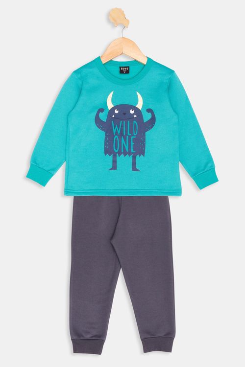 Conjunto Infantil Blusão e Calça Monstrinho Turquesa e Chumbo Tam 1 a 3