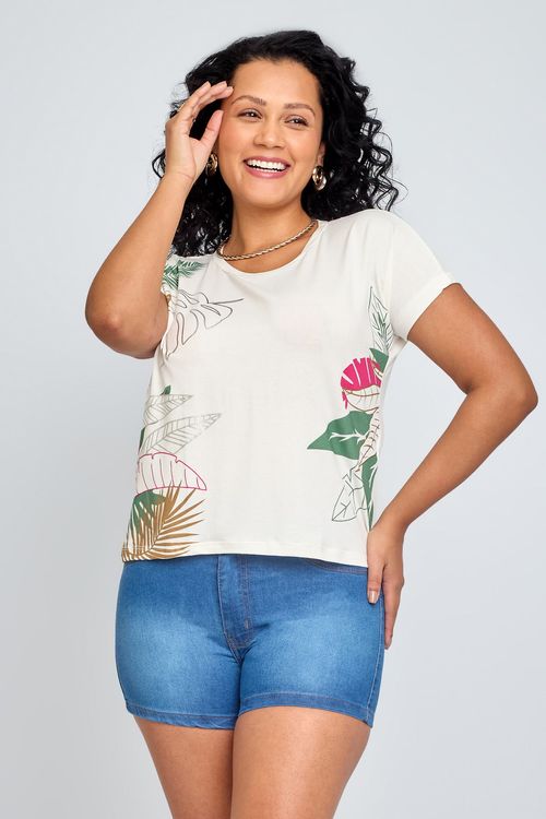 Blusa Feminina Casual em Viscose Folhas Off White