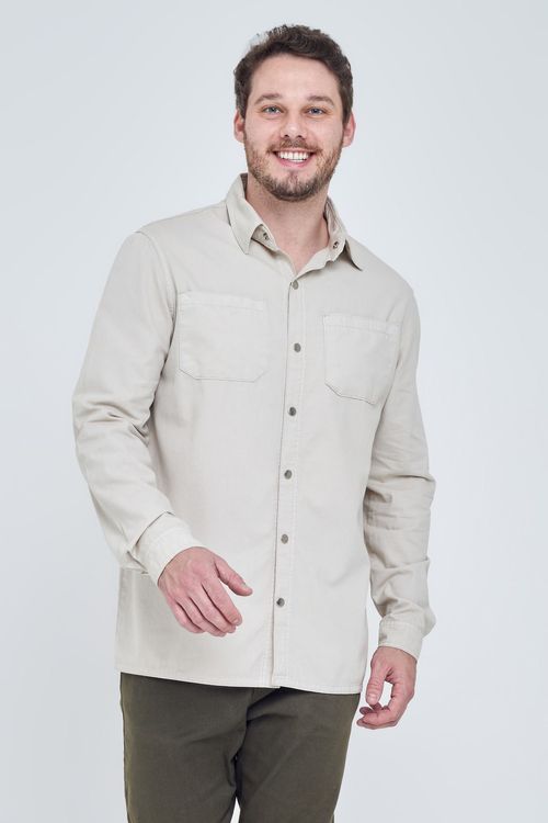Camisa Masculina em Sarja com Bolsos Areia