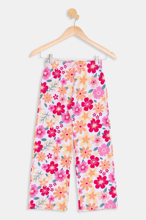 Calça Infantil em Malha Floral Rosa e Off White Tam 4 a 8