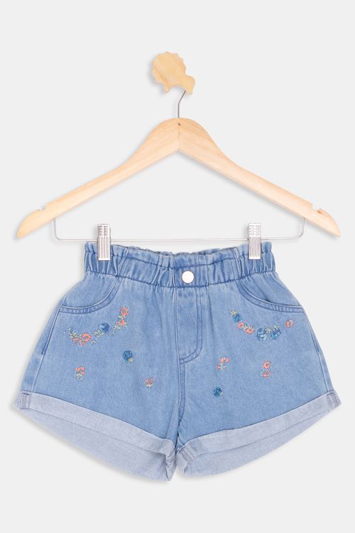 Shorts Infantil 4 a 8 Anos - Jeans Bordado Floral - Azul Médio