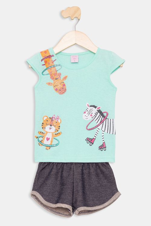 Conjunto Infantil Camiseta e Shorts Safari Verde Claro Tam 1 a 3