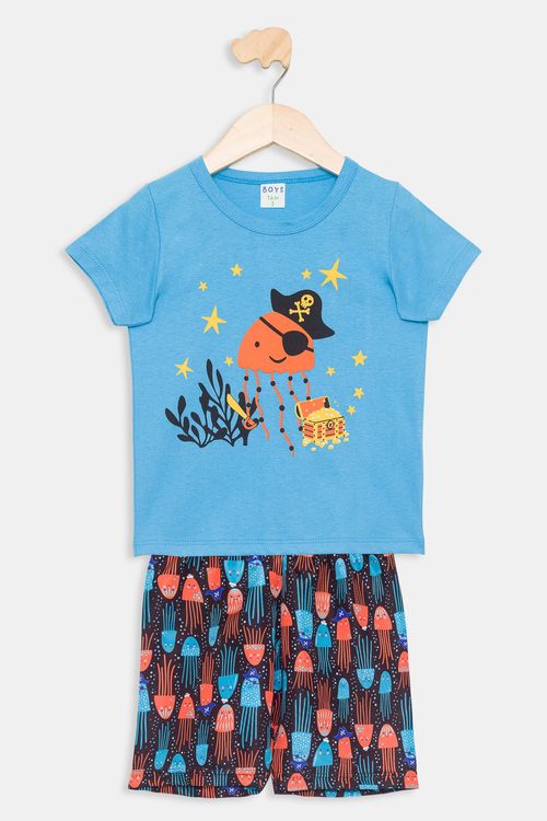Conjunto Infantil Camiseta e Shorts Pirata Azul Tam 1 a 3