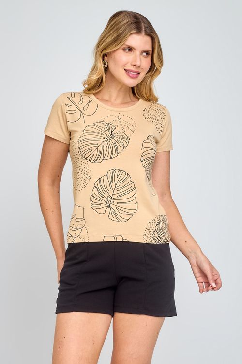 Blusa Feminina Caedu Bege com Estampa Folhas Pretas