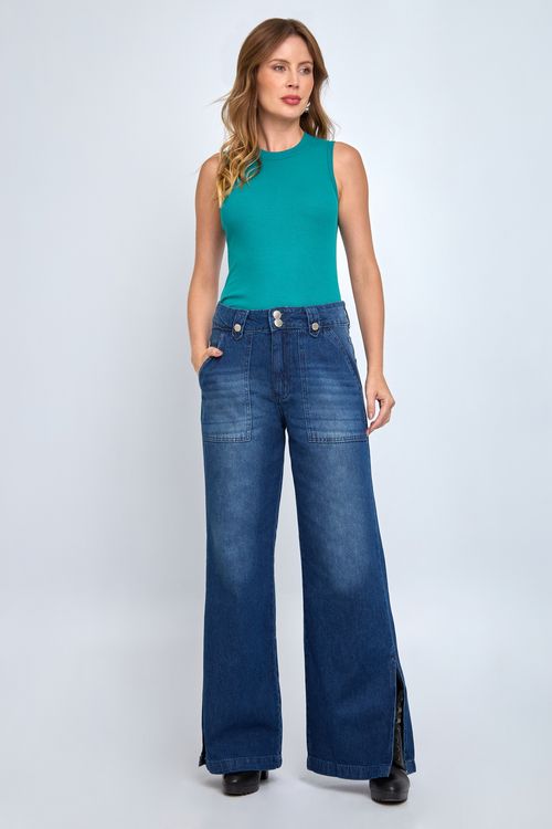 Calça Jeans Feminina Wide Leg Azul Escuro