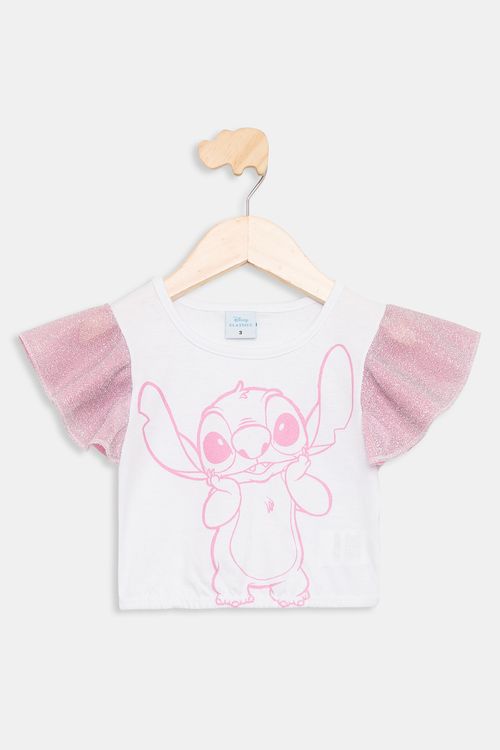 Blusa Infantil 1/3 Anos Stitch Manga Babada - Branco