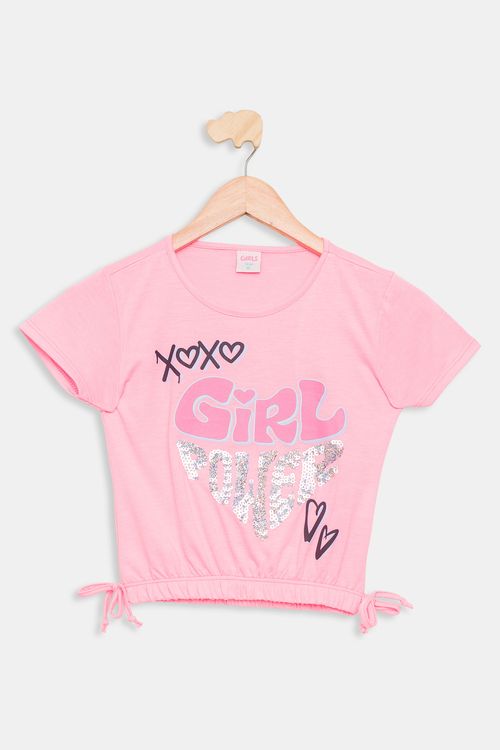 Blusa Juvenil com Paetê Rosa Neon Tam 10 a 16