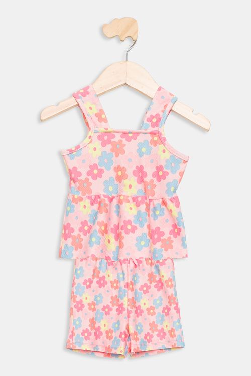Conjunto Infantil Regata e Shorts Floral Rosa Claro Tam 1 a 3