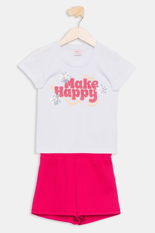 Conjunto Infantil Camiseta e Shorts em Ribana Happy Branco e Pink Tam 4 a 8