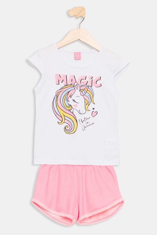 Conjunto Infantil Camiseta e Shorts Unicórnio Branco e Rosa Tam 4 a 8