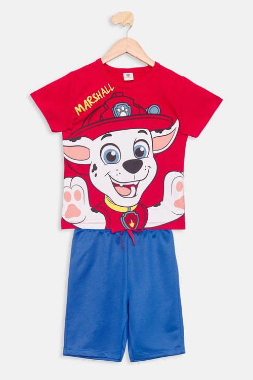 Conjunto Infantil Camiseta e Shorts Patrulha Canina Vermelho e Azul Tam 4 a 8