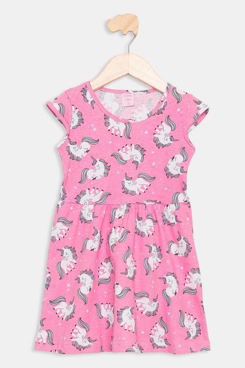 Vestido Infantil Unicórnios Rosa Algodão Meia Malha Caedu
