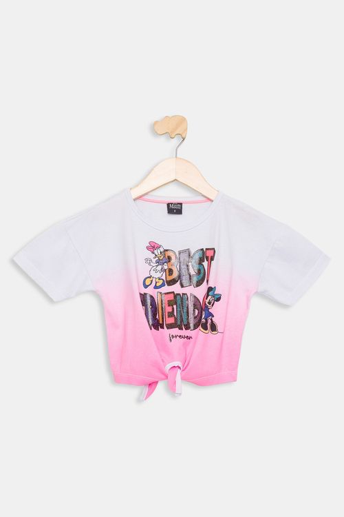 Blusa Infantil Caedu Minnie e Margarida Branca Rosa Tam 4-10