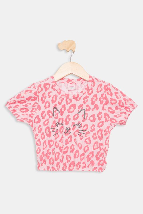 Blusa Infantil em Ribana Onça Rosa Claro Tam 4 a 8