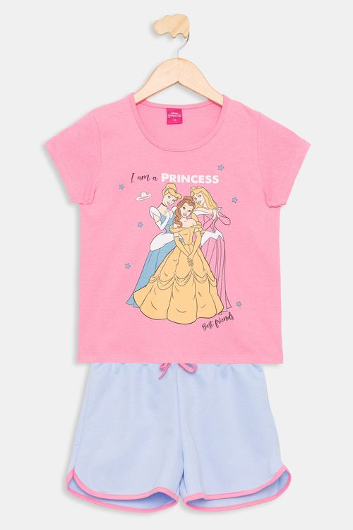 Conjunto Infantil Camiseta e Shorts Princesas Disney Rosa Tam 4 a 10